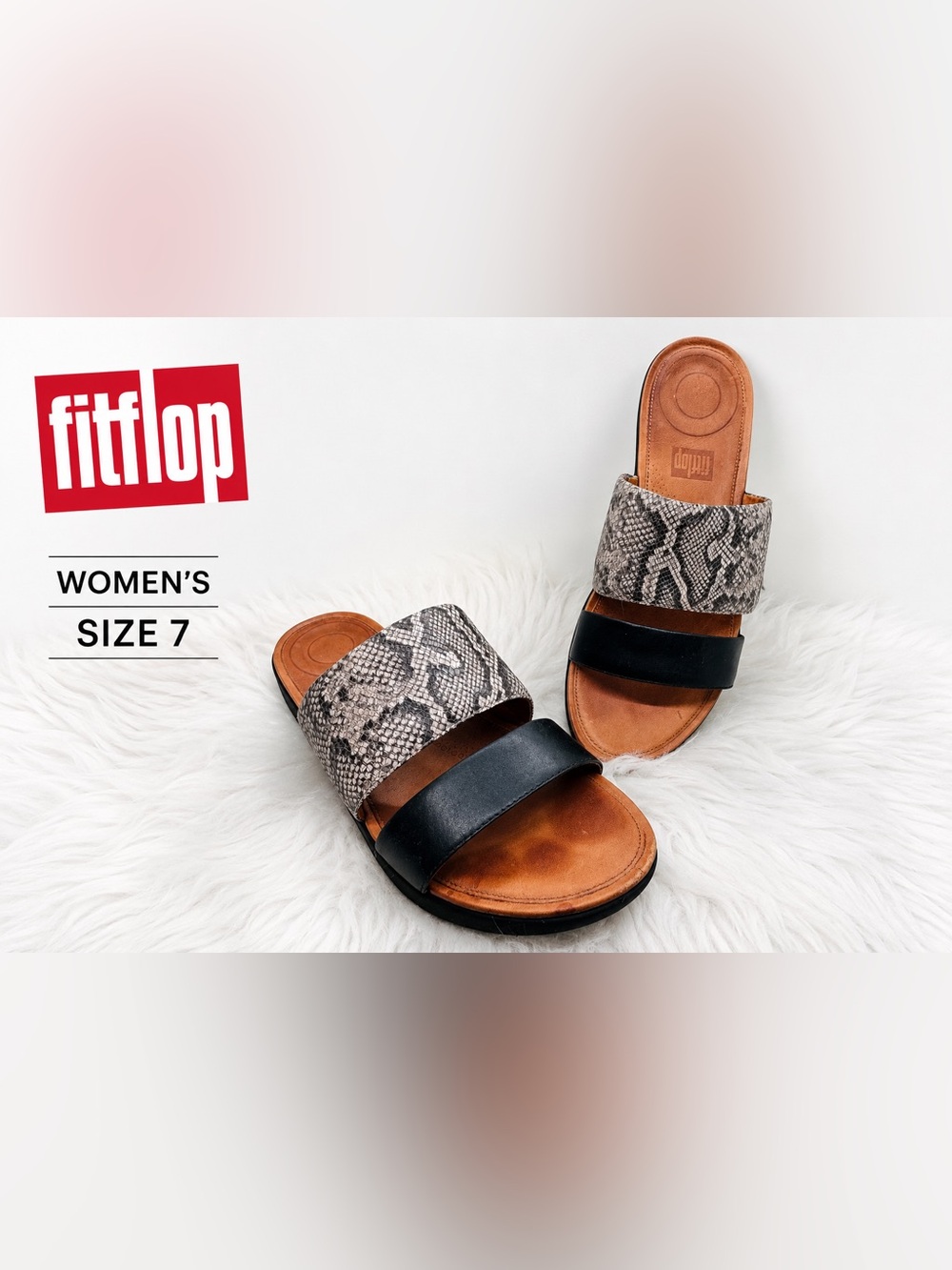 FitFlop Delta Slide Sandals K30-586 Women’s 7 Taupe Snake Black Leather